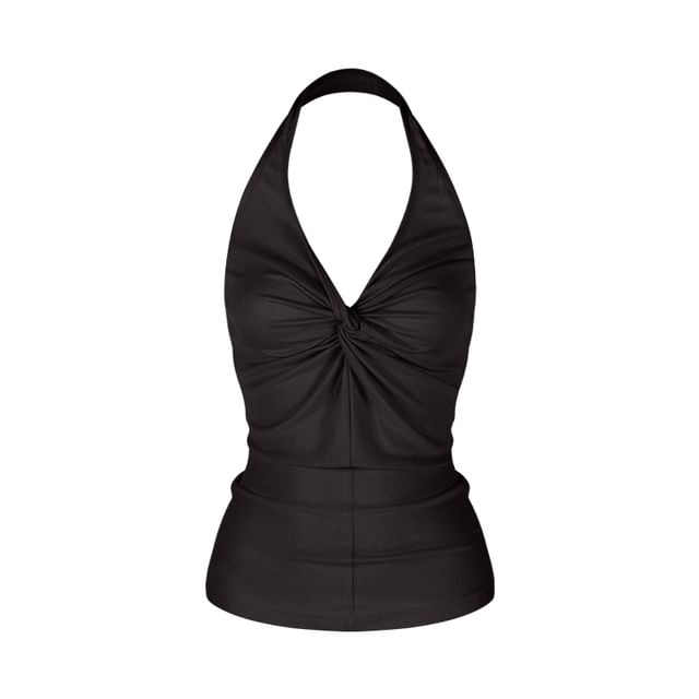 Twisted Knit Top with Halter Neck, V-Neck, Solid Color