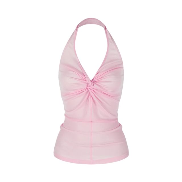 Twisted Knit Top with Halter Neck, V-Neck, Solid Color