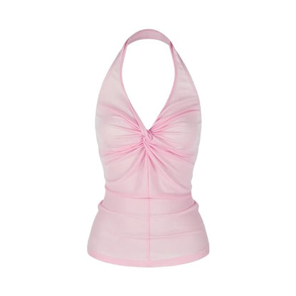 Twisted Knit Top with Halter Neck, V-Neck, Solid Color