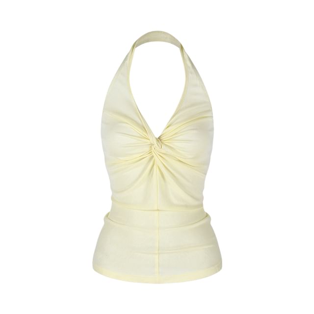 Twisted Knit Top with Halter Neck, V-Neck, Solid Color