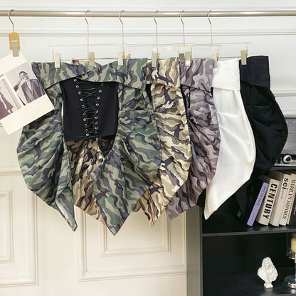 Lace-Up Top with Camo Print, Off-Shoulder, Long Sleeved