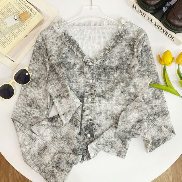 Ruffled Top with V-Neck, Tie-Dyed, Long Sleeved
