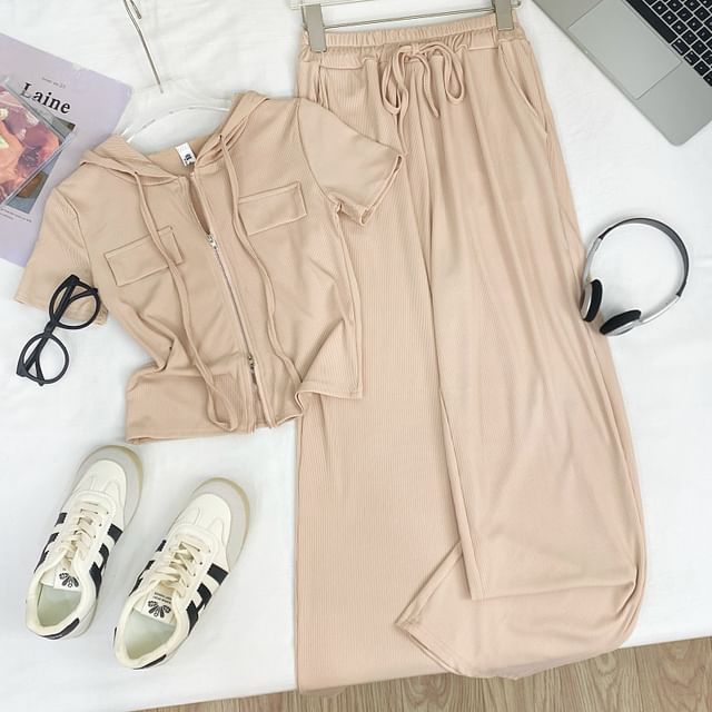 Two-Piece Hooded Zip Top and Wide-Leg High-Rise Trousers Set