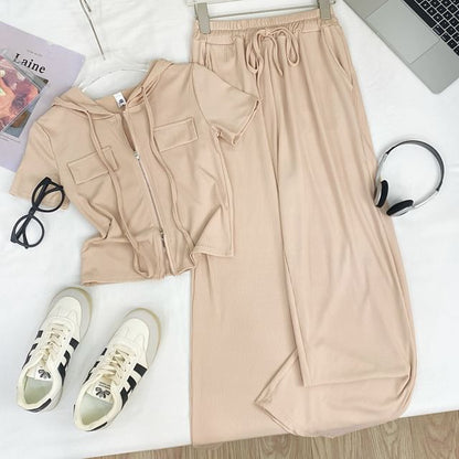 Two-Piece Hooded Zip Top and Wide-Leg High-Rise Trousers Set