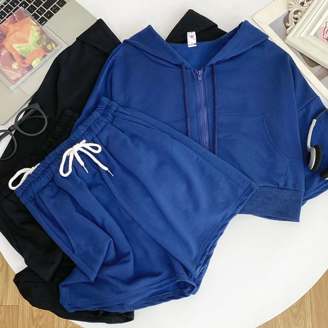 Hooded Zip Top with Short Sleeved, Drawstring Shorts Set