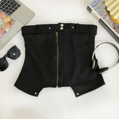 Zip-Up Tube Top with Solid Color, Fitted Silhouette