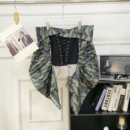 Lace-Up Top with Camo Print, Off-Shoulder, Long Sleeved