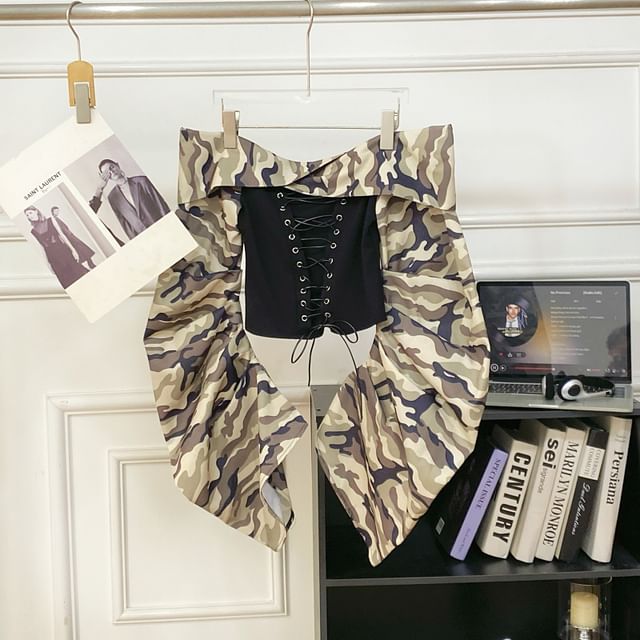 Lace-Up Top with Camo Print, Off-Shoulder, Long Sleeved