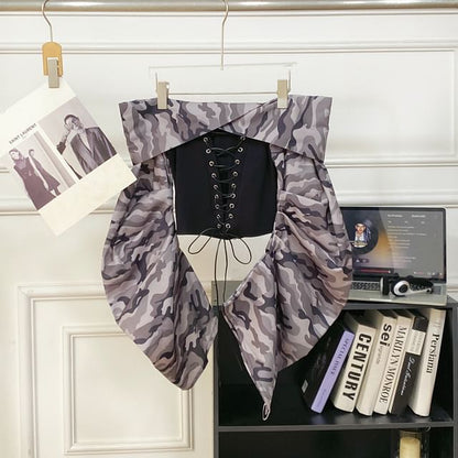 Lace-Up Top with Camo Print, Off-Shoulder, Long Sleeved