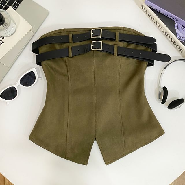 Double Buckled Tube Top with Slit, Solid Color, Fitted