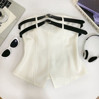 Double Buckled Tube Top with Slit, Solid Color, Fitted