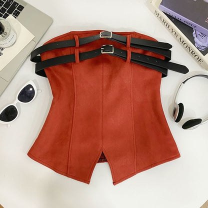 Double Buckled Tube Top with Slit, Solid Color, Fitted