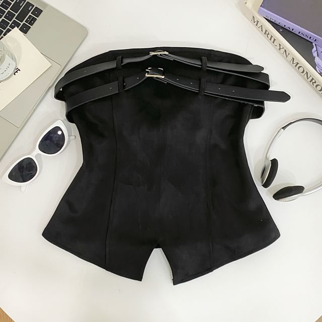 Double Buckled Tube Top with Slit, Solid Color, Fitted