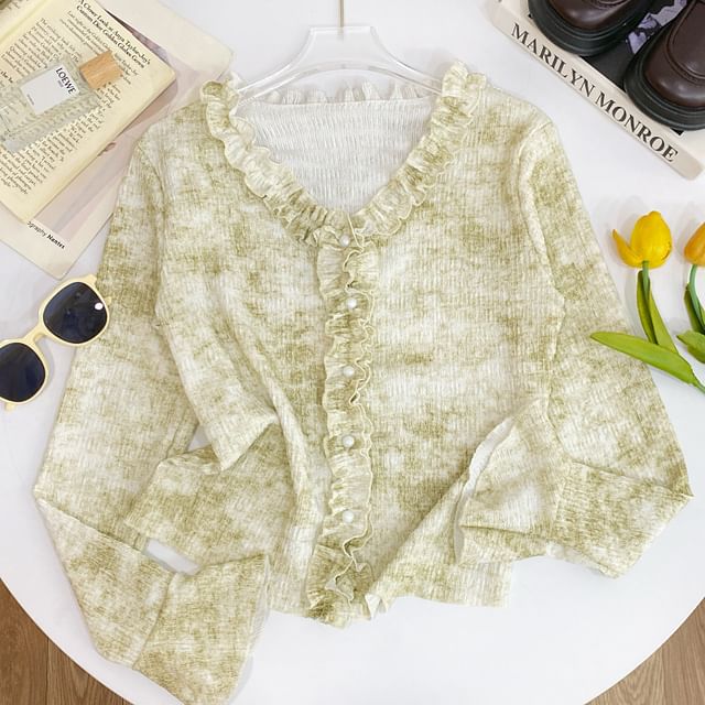 Ruffled Top with V-Neck, Tie-Dyed, Long Sleeved