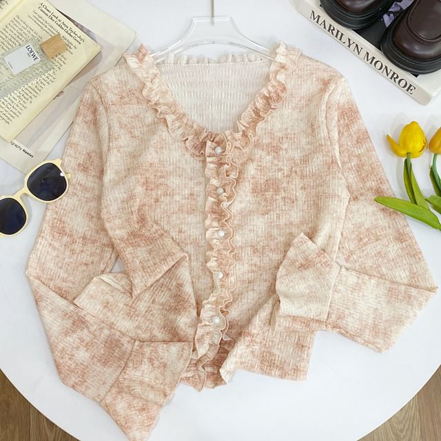 Ruffled Top with V-Neck, Tie-Dyed, Long Sleeved