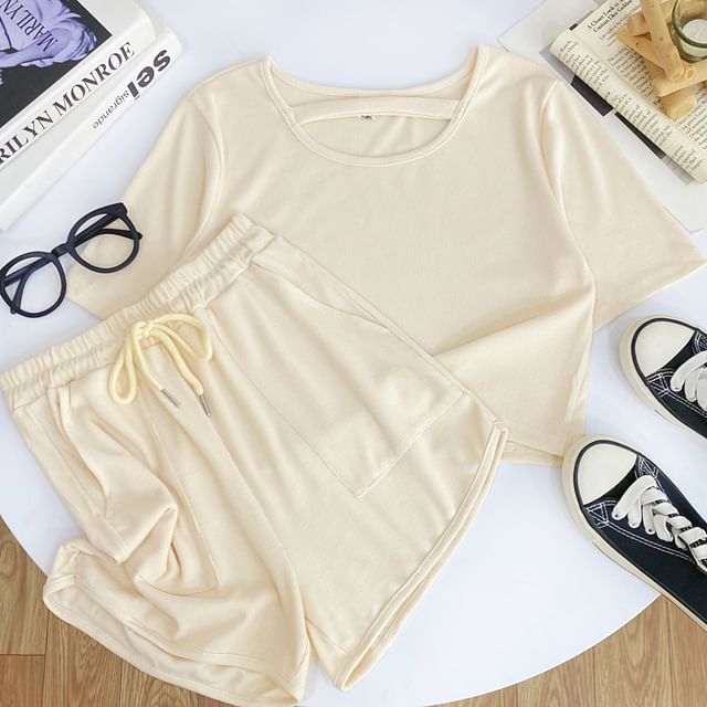 Solid Tee with Crew Neck, Short Sleeved, Drawstring Shorts Set