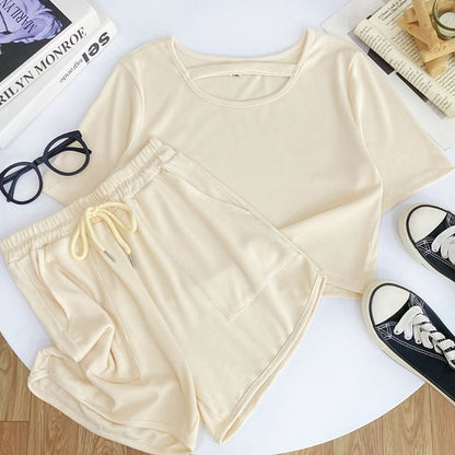 Solid Tee with Crew Neck, Short Sleeved, Drawstring Shorts Set