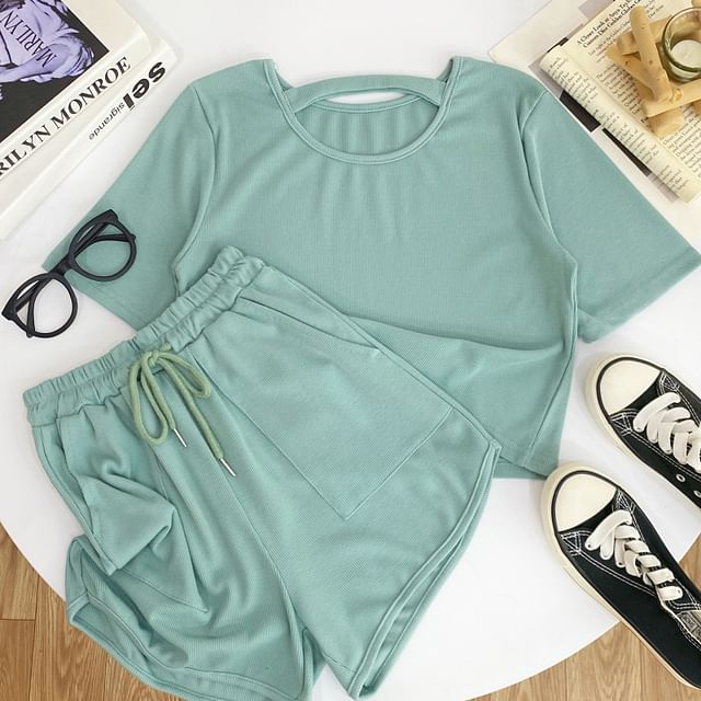 Solid Tee with Crew Neck, Short Sleeved, Drawstring Shorts Set