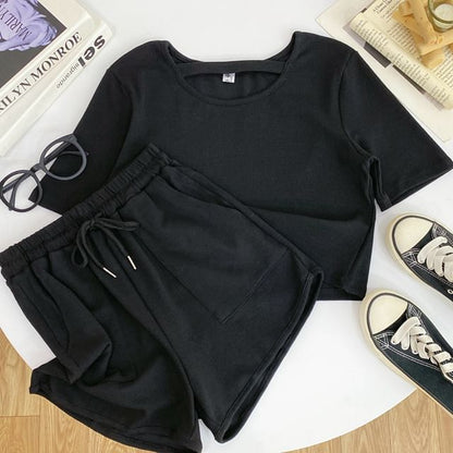 Solid Tee with Crew Neck, Short Sleeved, Drawstring Shorts Set