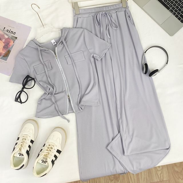 Two-Piece Hooded Zip Top and Wide-Leg High-Rise Trousers Set