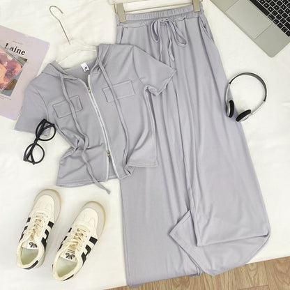 Two-Piece Hooded Zip Top and Wide-Leg High-Rise Trousers Set