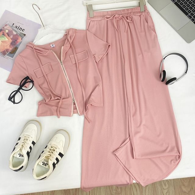 Two-Piece Hooded Zip Top and Wide-Leg High-Rise Trousers Set