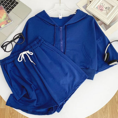 Hooded Zip Top with Short Sleeved, Drawstring Shorts Set