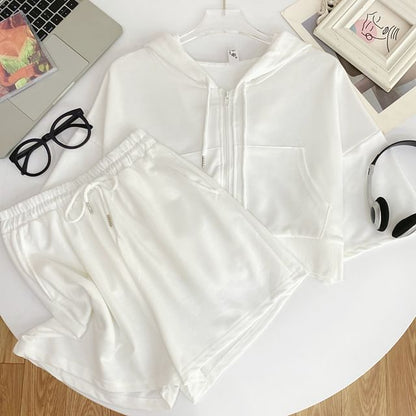 Hooded Zip Top with Short Sleeved, Drawstring Shorts Set