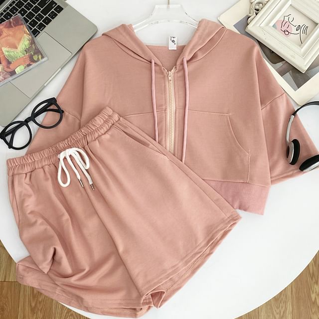 Hooded Zip Top with Short Sleeved, Drawstring Shorts Set