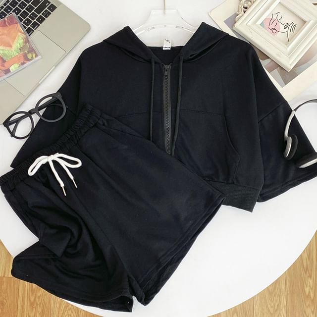 Hooded Zip Top with Short Sleeved, Drawstring Shorts Set