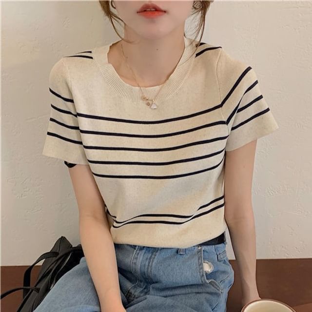 Striped Knit Top with Crew Neck, Short Sleeved, Casual Fit