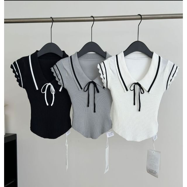 Knit Polo Top with Contrast Trim, Short Sleeved, Solid