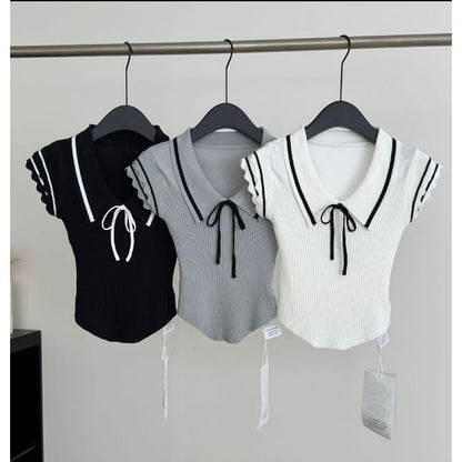 Knit Polo Top with Contrast Trim, Short Sleeved, Solid