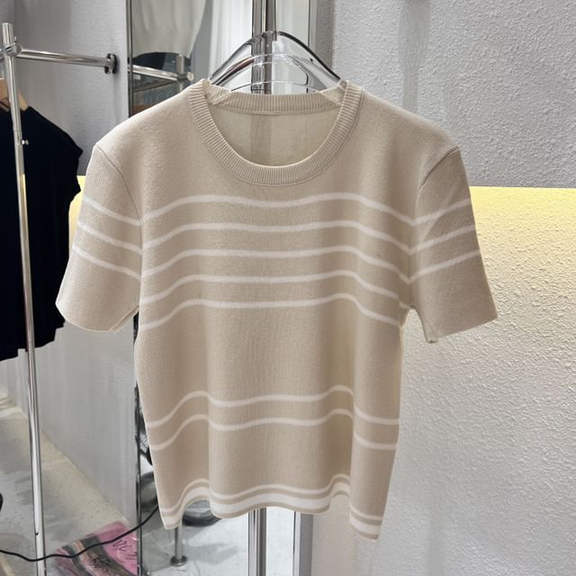 Striped Knit Top with Crew Neck, Short Sleeved, Casual Fit