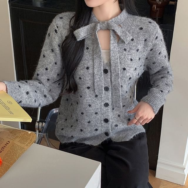 Tie Neck Dotted Cardigan