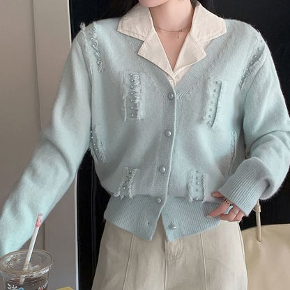 Faux Pearl Fray V-Neck Cardigan