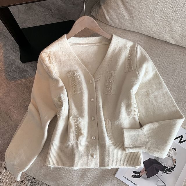 Faux Pearl Fray V-Neck Cardigan