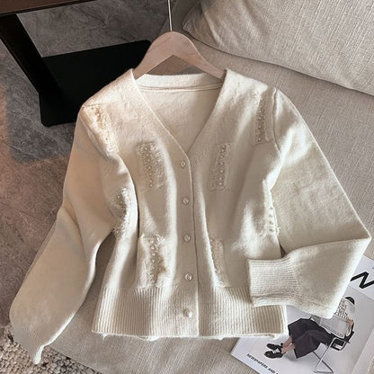Faux Pearl Fray V-Neck Cardigan