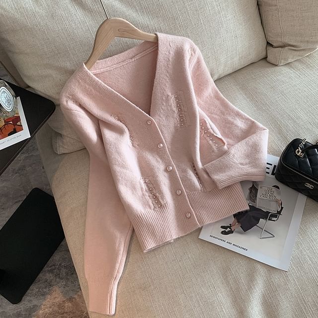 Faux Pearl Fray V-Neck Cardigan