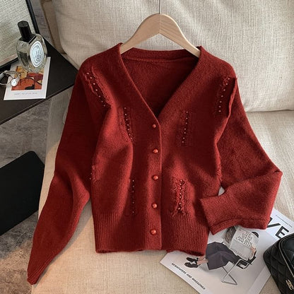 Faux Pearl Fray V-Neck Cardigan