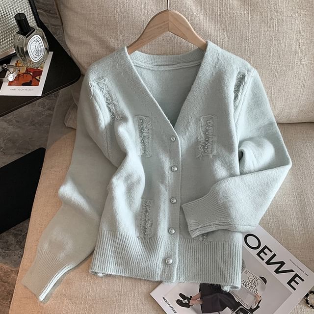 Faux Pearl Fray V-Neck Cardigan