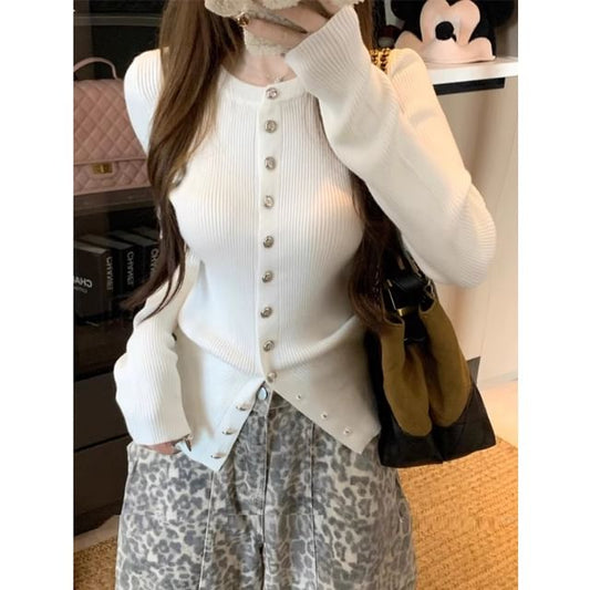 Crew Neck Button-Front Cardigan