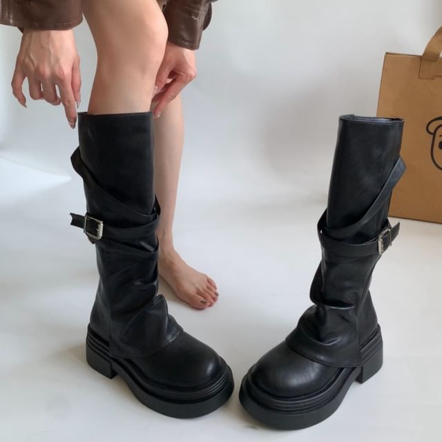 Faux Leather Plain Tall Boots