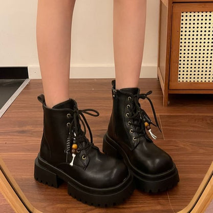 Faux Leather Platform Lace-Up Short Boots