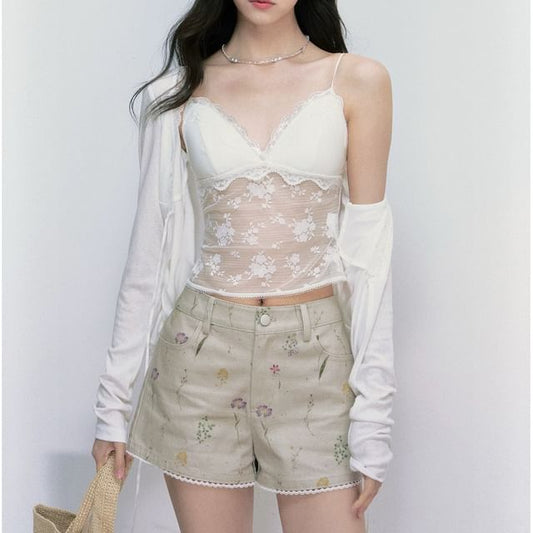 V-Neck Lace Camisole Top with Light Cardigan