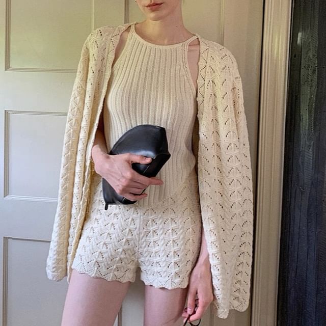Spaghetti Strap Knit Camisole Top with High-Waisted Shorts and Pointelle Cardigan Set
