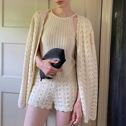 Spaghetti Strap Knit Camisole Top with High-Waisted Shorts and Pointelle Cardigan Set