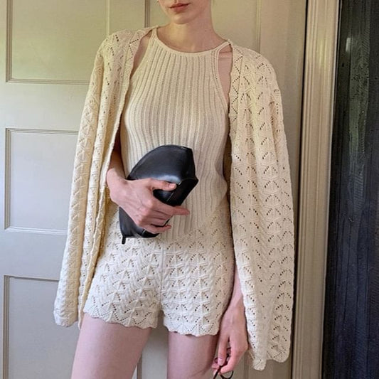 Spaghetti Strap Knit Camisole Top with High-Waisted Shorts and Pointelle Cardigan Set