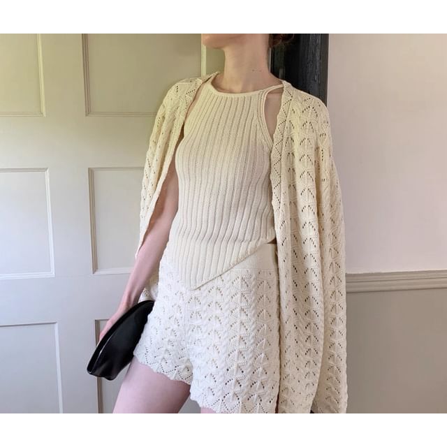 Spaghetti Strap Knit Camisole Top with High-Waisted Shorts and Pointelle Cardigan Set