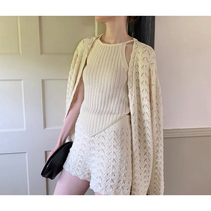 Spaghetti Strap Knit Camisole Top with High-Waisted Shorts and Pointelle Cardigan Set